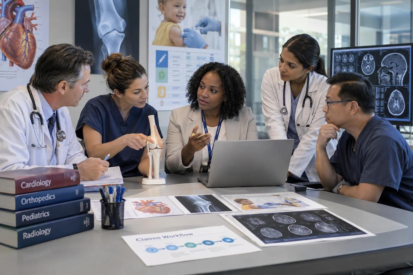 Specialty clinicians and billing staff reviewing clinical documentation and claim performance