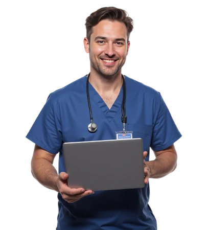 A smiling doctor in scrubs holding a laptop